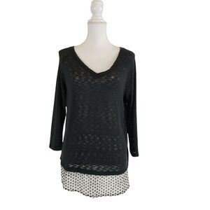 NEW!! Women Black White Polka Dot Tunic Top Blouse Size L 3/4 Sleeve Red Camel